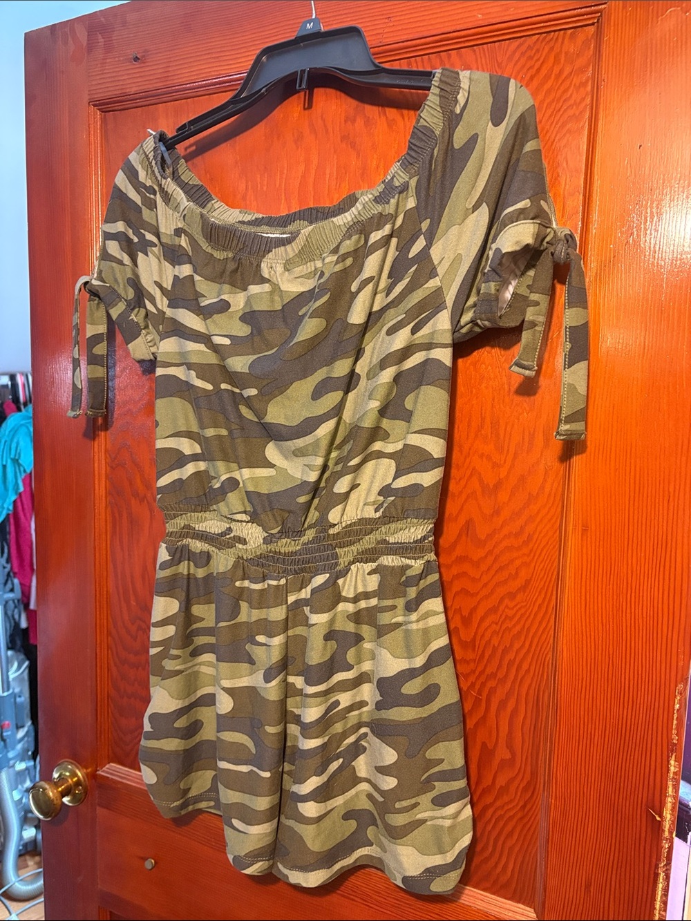 Derek Heart Olive Green Camo Off-Shoulder Romper